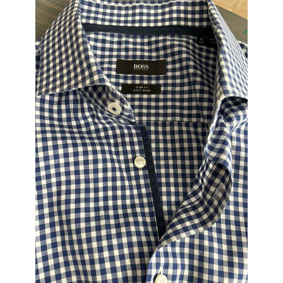 Boss Hugo Boss Slim Fit Easy Iron Blue Plaid Button Up Size‎ 42 - Picture 6 of 8